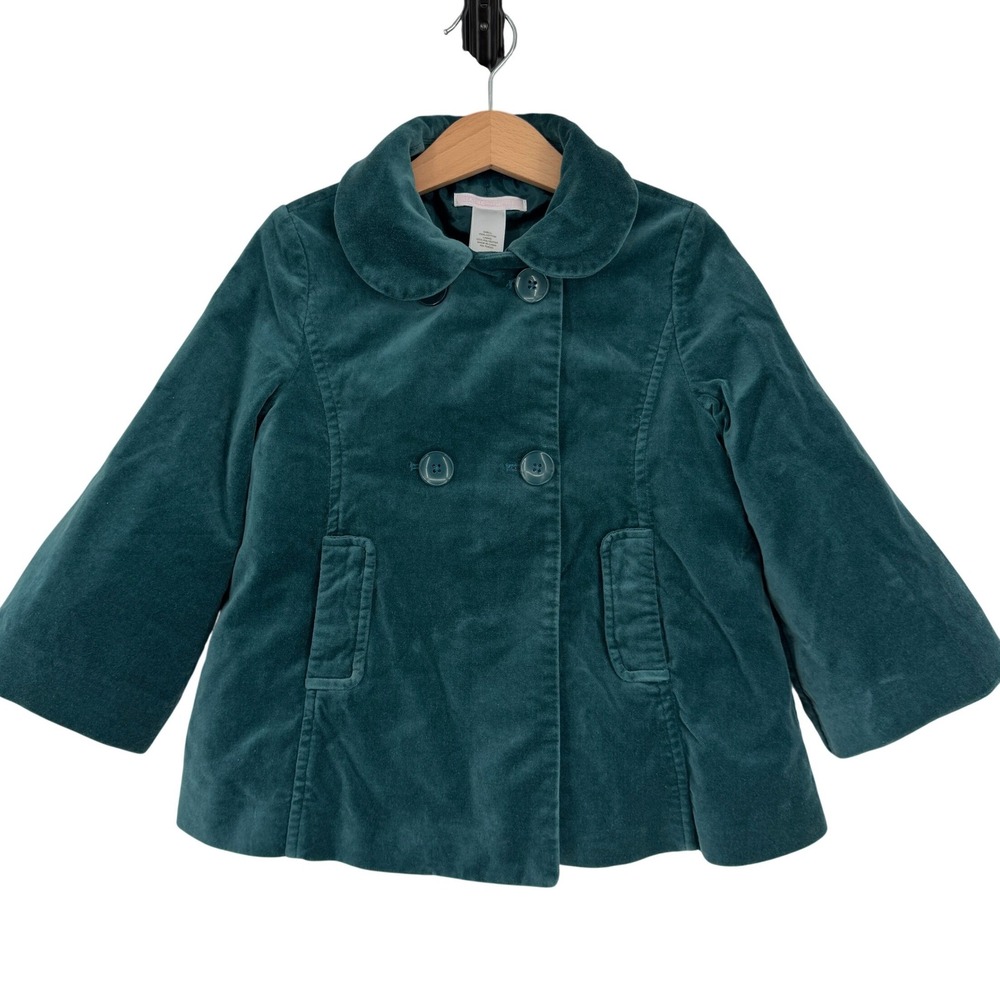 Janie and Jack Girl's Green Velvet Double Breasted Coat‎ Sz 2T-3 Formal Holiday